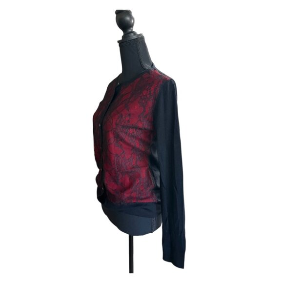 Neiman Marcus Red/Blk 100% Cashmere Button Closure Lace Accented Cardigan - Picture 3 of 7